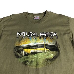 Vintage Bayside Natural Bridge Arkansas Shirt Mens L Green Cotton USA Outdoor